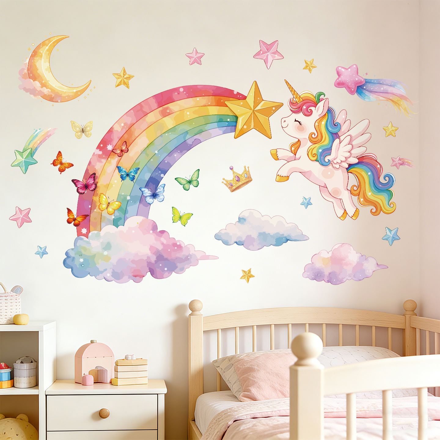 Baby Nursery Wallpaper - Unicorn Rainbow Butterfly Wall Stickers For