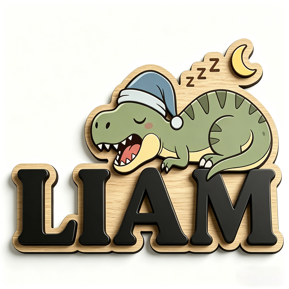 Baby Nursery Toy - Personalized Sleepy Dinosaur Name Sign, Wooden
