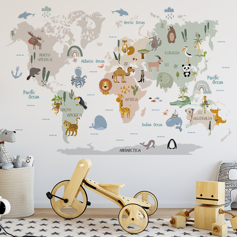 Baby Nursery Wallpaper - Animal World Map Children's Room Stickers