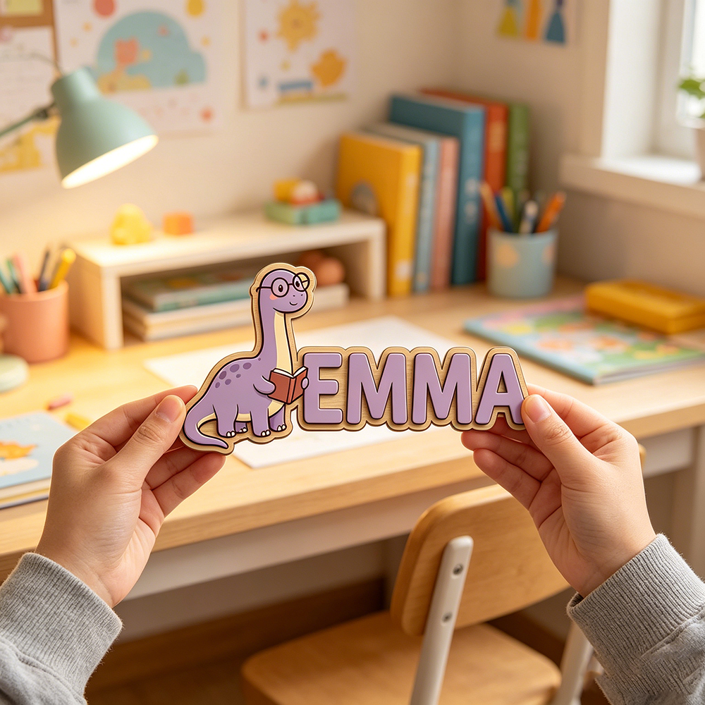 Baby Nursery Toy - Whimsical Nerdy Dinosaur Custom Name Plaque