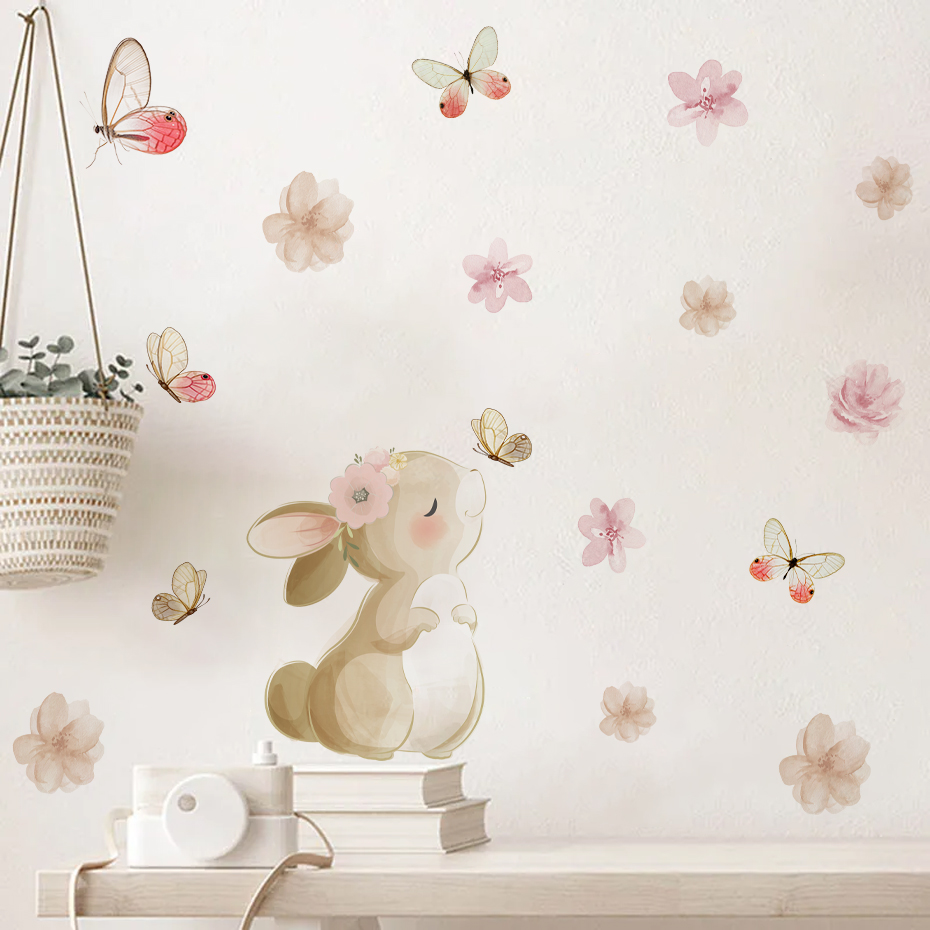 Cartoon Rabbit Flowers Butterf - Baby Nursery Girl Room reseña y precio