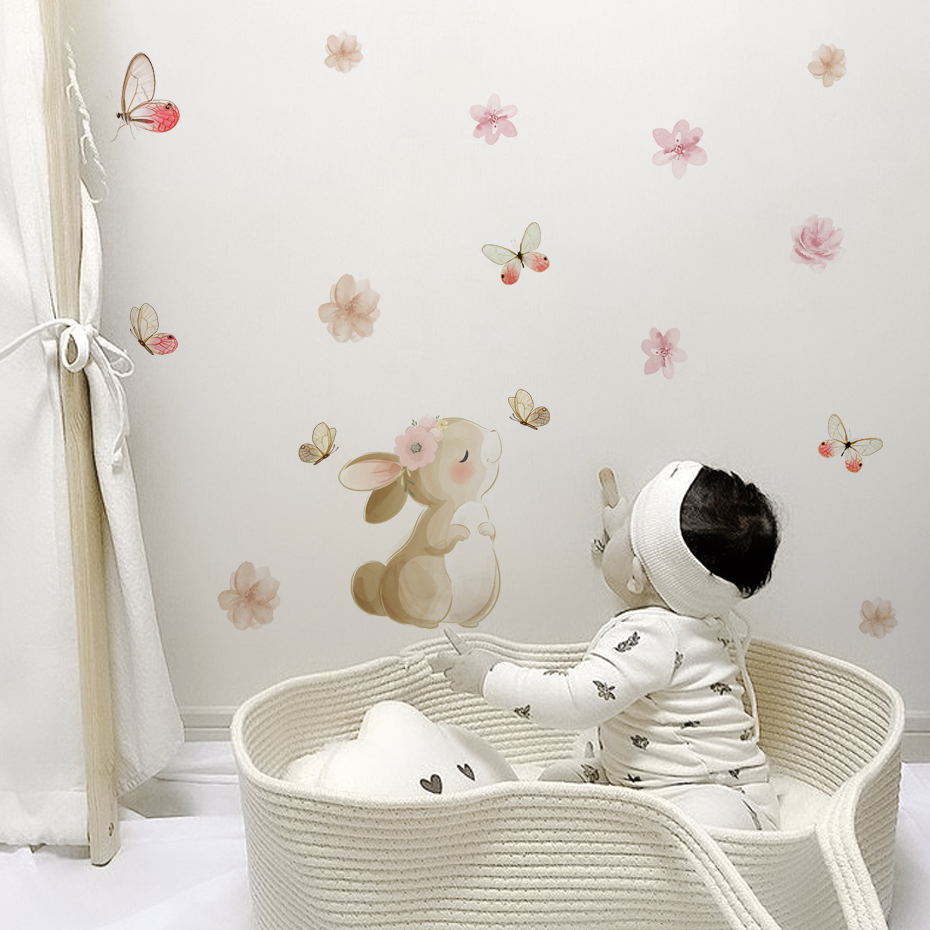 Cartoon Rabbit Flowers Butterf - Baby Nursery Girl Room reseña y precio