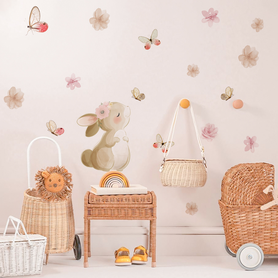 Cartoon Rabbit Flowers Butterf - Baby Nursery Girl Room reseña y precio