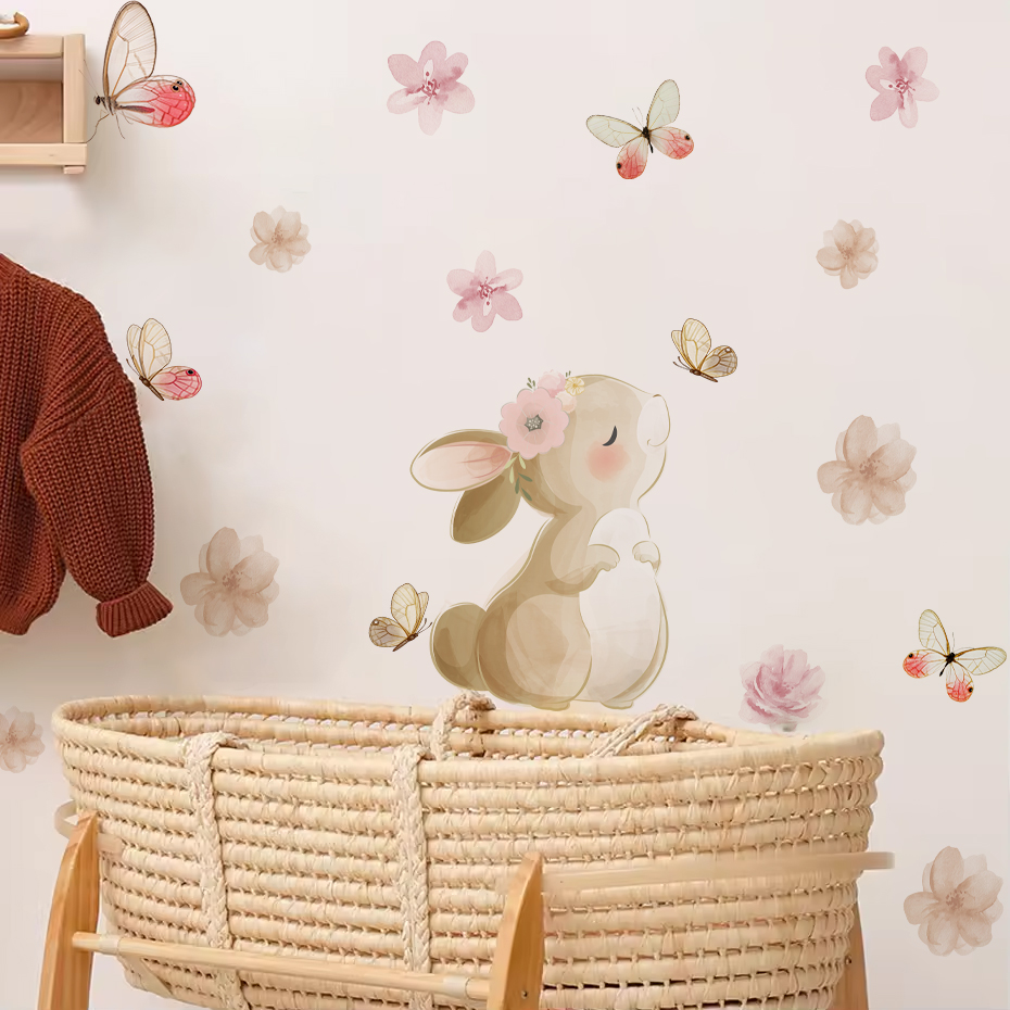 Cartoon Rabbit Flowers Butterf - Baby Nursery Girl Room reseña y precio