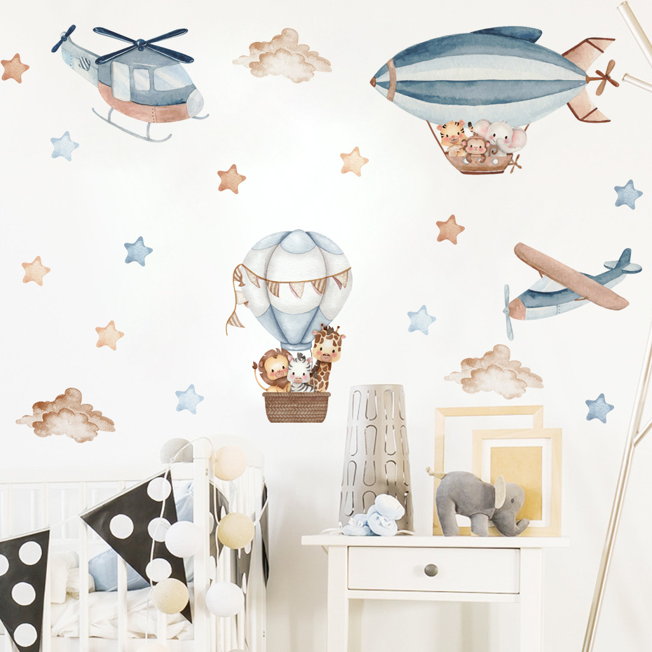 Watercolor Animals Hot Air Bal - Baby Nursery Wallpaper reseña y precio