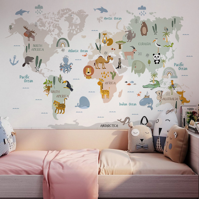 Animal World Map Children's Ro - Baby Nursery Wallpaper reseña y precio
