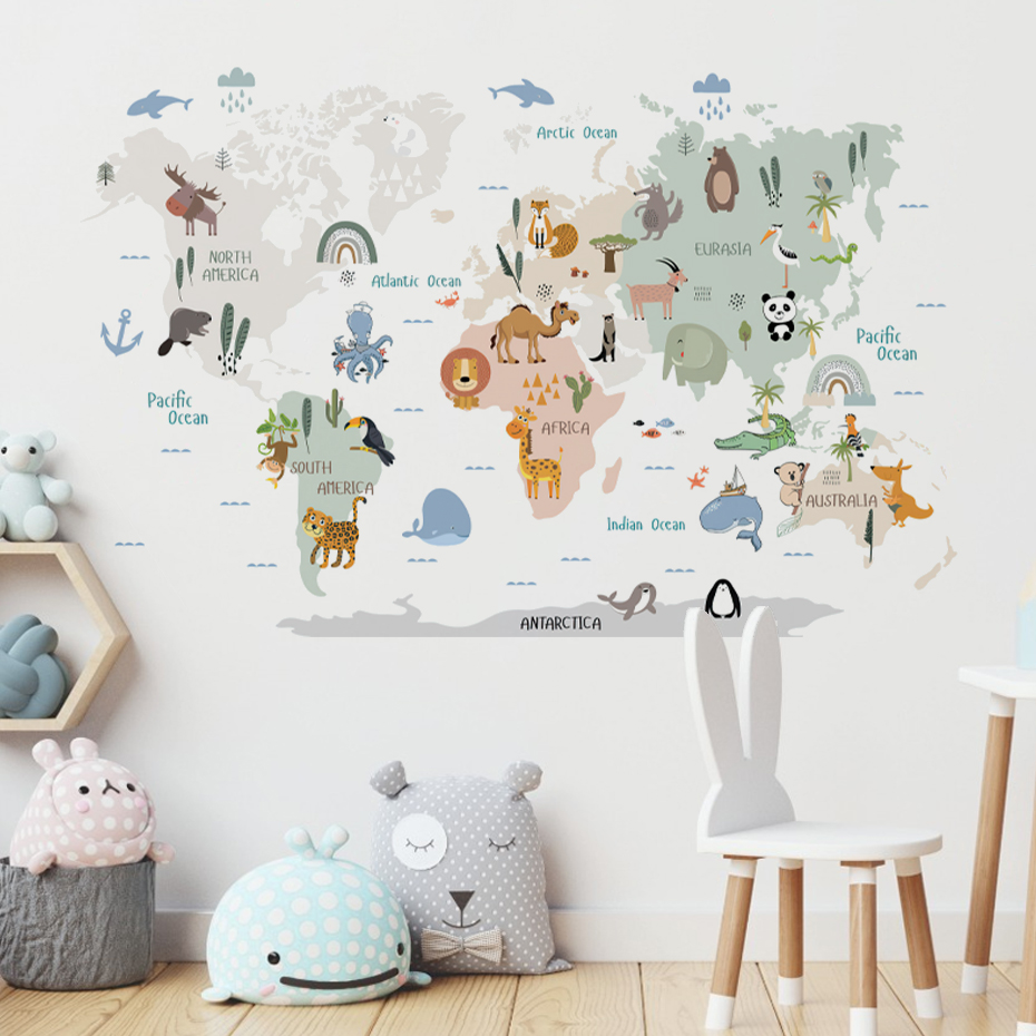 Watercolor  Cartoon World Map  - Baby Nursery Girl Room reseña y precio