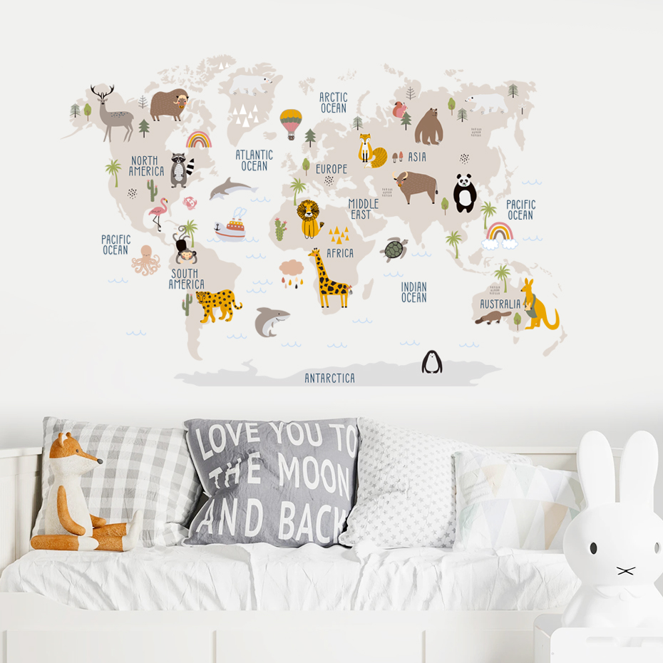 Watercolor  Cartoon World Map  - Baby Nursery Girl Room reseña y precio