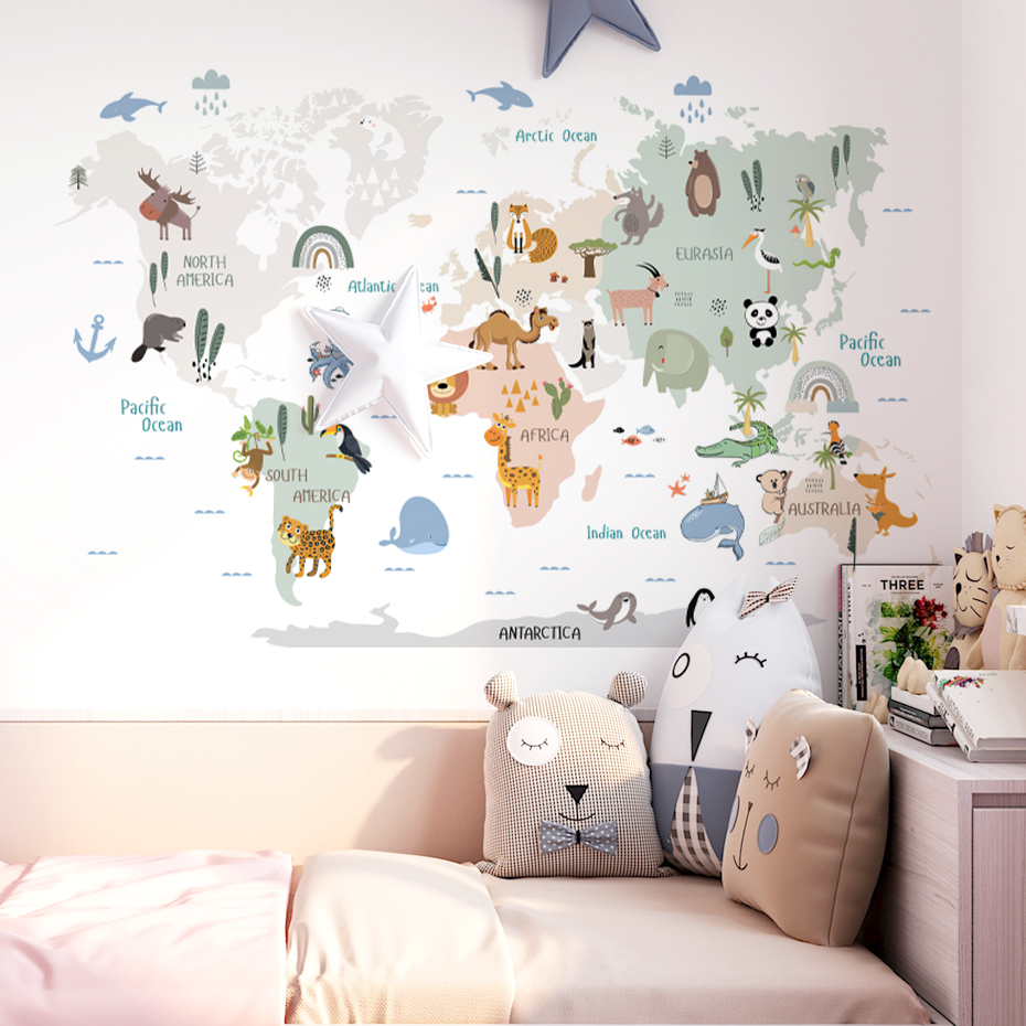 Watercolor  Cartoon World Map  - Baby Nursery Girl Room reseña y precio